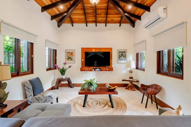 Una sala con techo abovedado de vigas de madera, paredes blancas y pisos de baldosas. El mobiliario incluye un sofá, sillones, una mesa de centro sobre una alfombra redonda y un televisor montado en la pared.