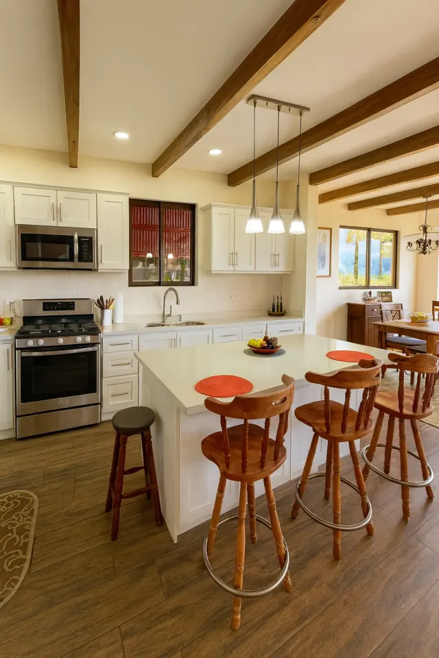 Cocina que cuenta con una isla central con taburetes de madera, gabinetes blancos, electrodomésticos de acero inoxidable y vigas de madera expuestas en el cielo raso.