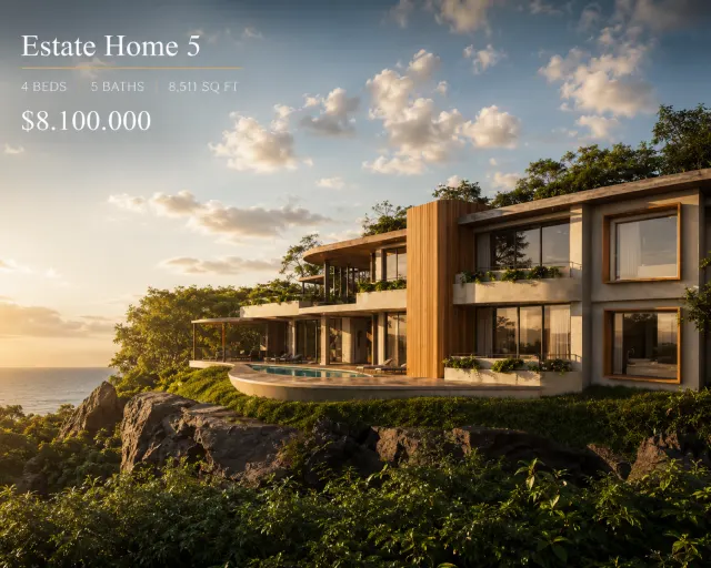 Casa moderna de varios niveles con paredes de vidrio, balcones, una piscina curva y vista al mar al atardecer.
