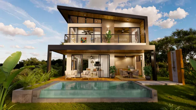 Exterior de casa moderna de dos pisos con piscina, terraza de madera, balcón en el segundo nivel y área de comedor exterior.