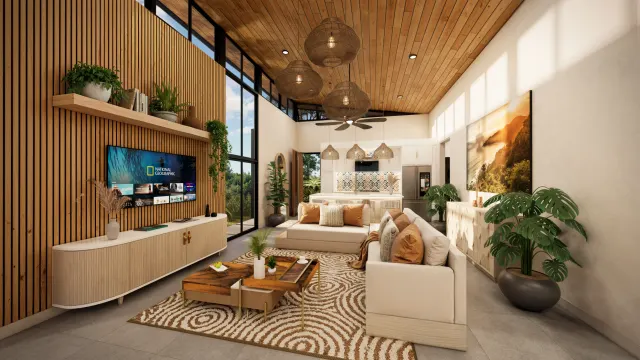 Sala de estar con pared decorativa de listones de madera, televisor, dos sofás beige y cocina visible al fondo bajo un techo de madera.