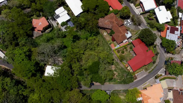 Vista aérea de un terreno arbolado rodeado por casas vecinas y una calle sinuosa.