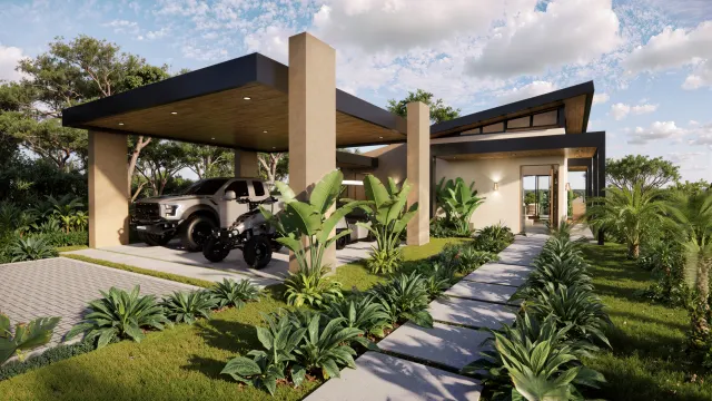 Toma exterior de una casa moderna con una amplia cochera con una camioneta y un cuatrimoto, junto a un sendero de piedra y jardín.