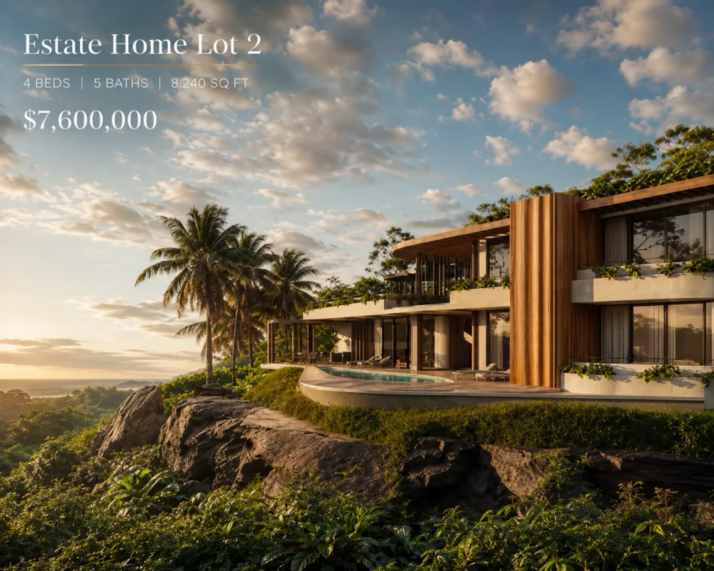 Render arquitect&oacute;nico de la Casa Lote 2: residencia escalonada de madera y piedra con piscina sobre la punta al atardecer