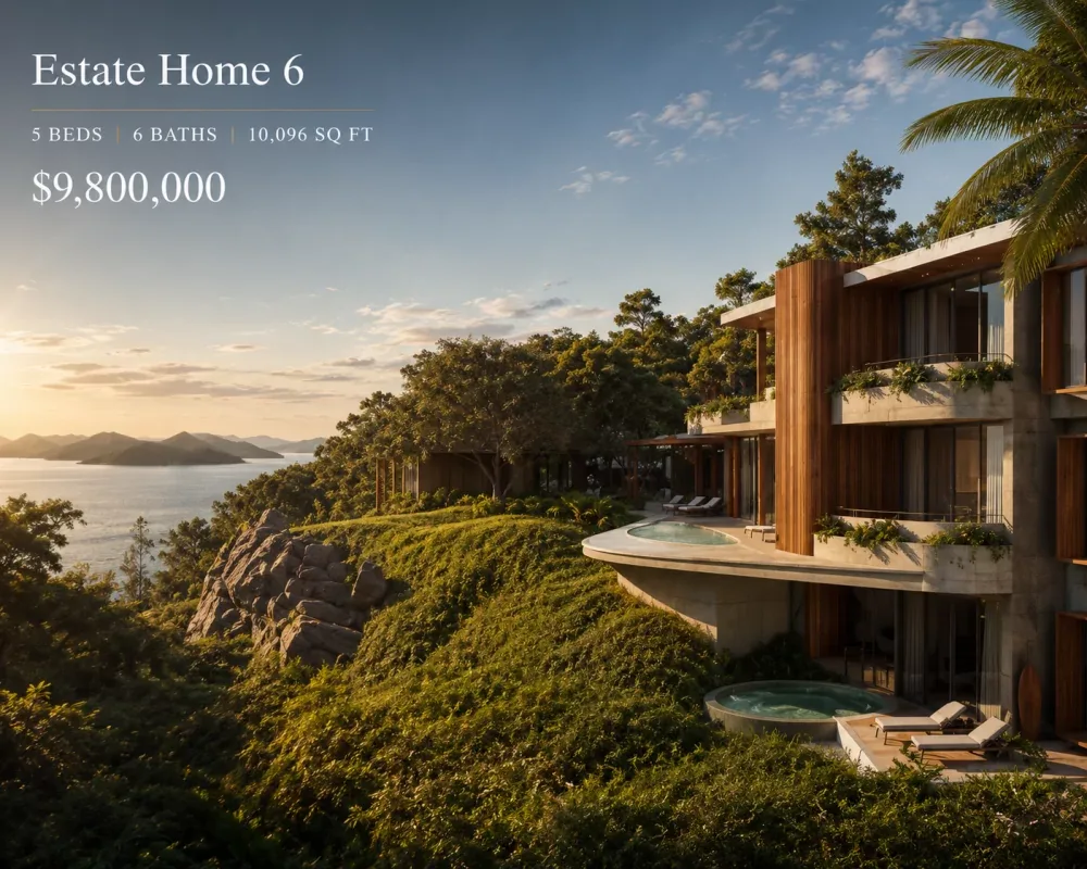 Render arquitect&oacute;nico de la Casa 6 frente al golfo, con piscina de inmersi&oacute;n y terrazas soleadas
